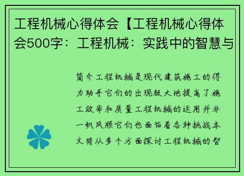 工程机械心得体会【工程机械心得体会500字：工程机械：实践中的智慧与挑战】